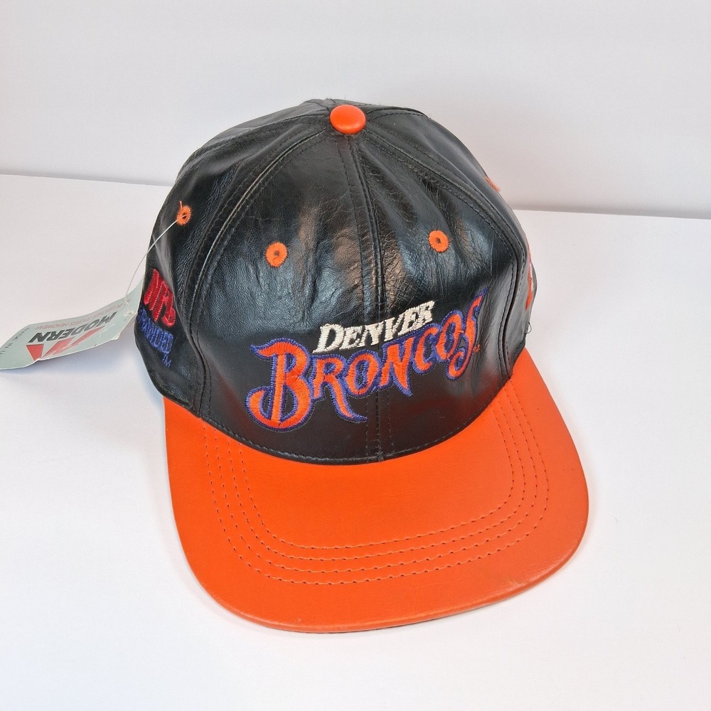 VTG 90s Denver Broncos Genuine Leather Snapback Hat NFL Team Deadstock NWT USA